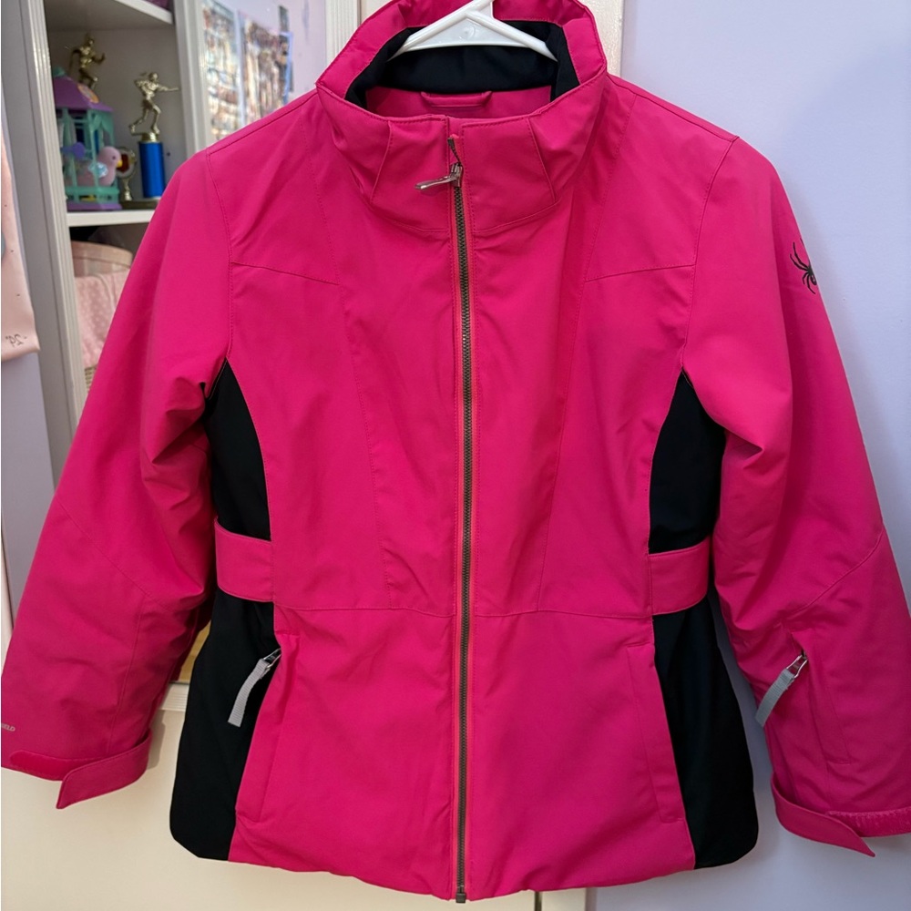 Spyder Pink and Black Puffer Jacket with High Collar (and detachable hood)
